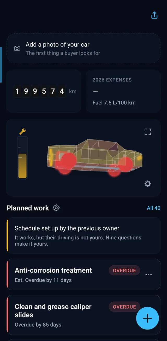 The car screen: mileage, this year's costs, condition on a 3D model and planned work