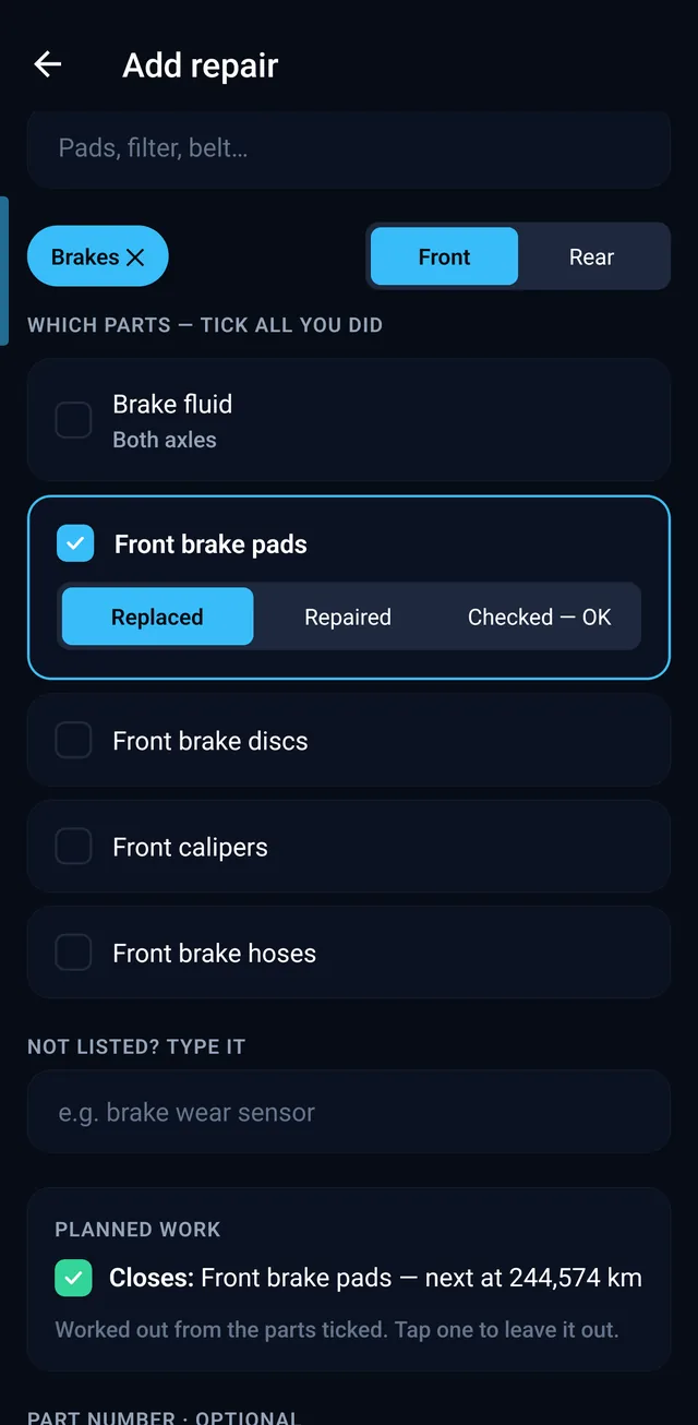 The repair form: brakes, front pads replaced